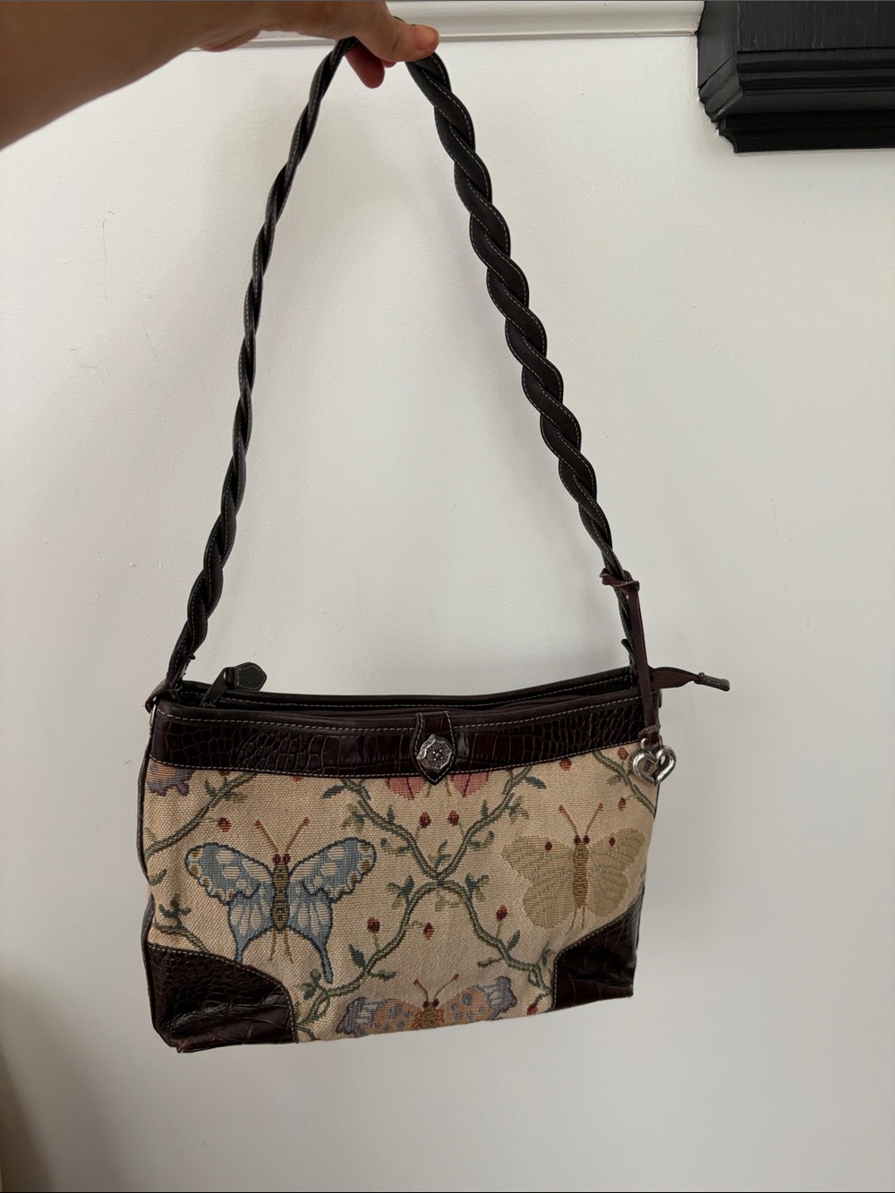 Vintage Butterfly Tapestry Shoulder Bag - Brown Leather Trim